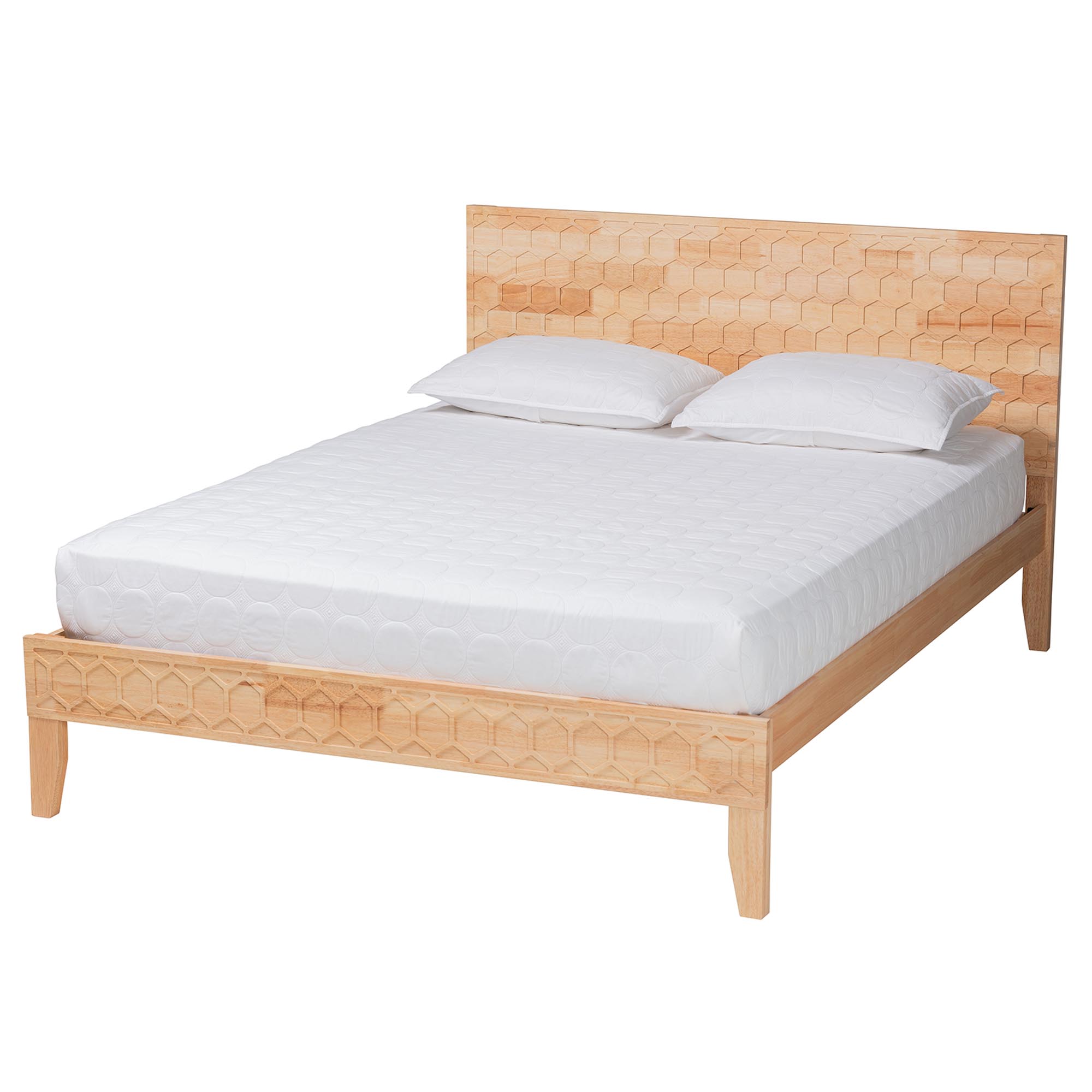 Baxton Studio Hosea Japandi Carved Honeycomb Natural Queen Size Platform Bed